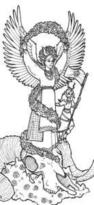 Illustration of a woman waving a flag, standing upon a statue of an angel that rises from a ram's skull. By Audra Balion.